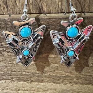 Boho Chic Turquoise-Embellished Native Arrowhead Dangle Earrings, Gift Box